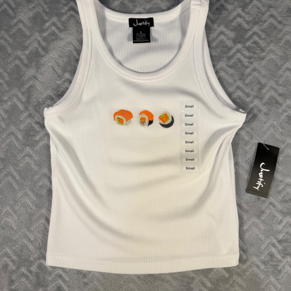 NWT Justify Women's Ribbed Tank Top with Embroidered Sushi Design Small or Med‎